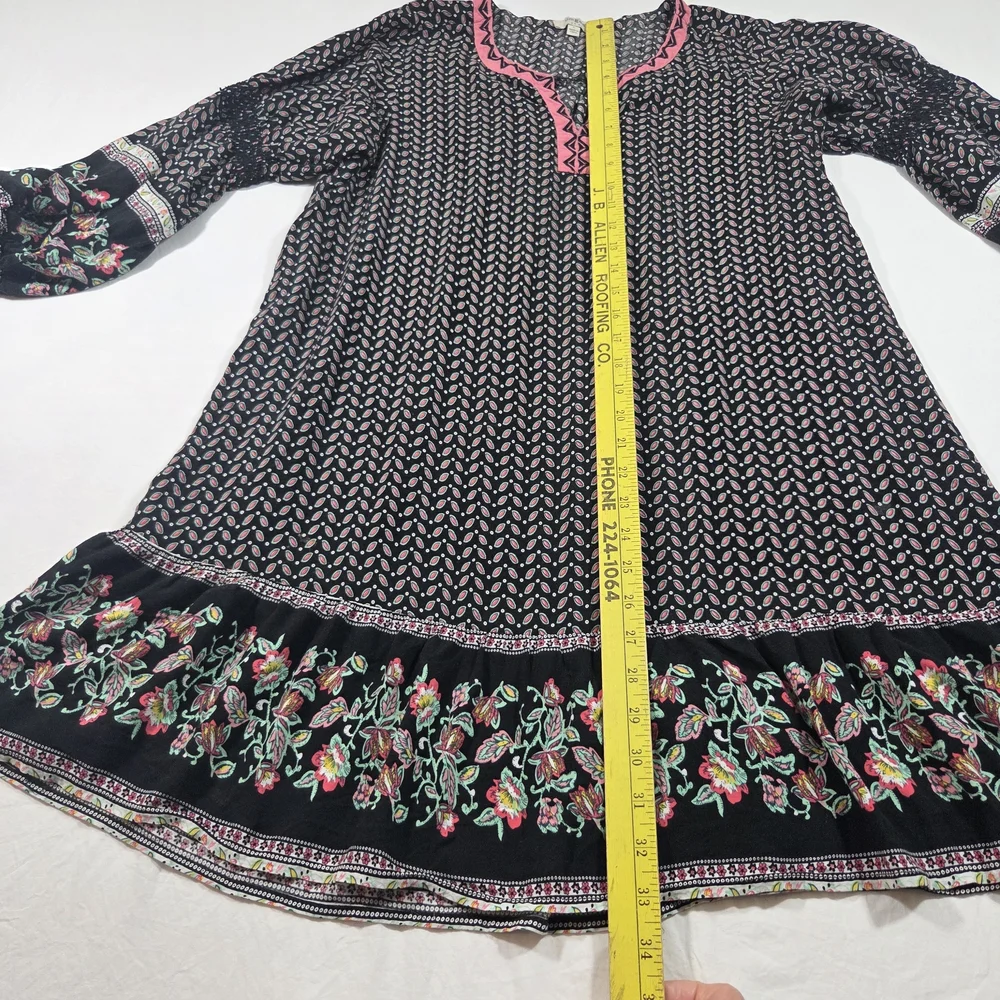 Umgee Boho Black Printed Dress Pink Trim Colorblock V Neck Embroidered Sleeves - Picture 12 of 16